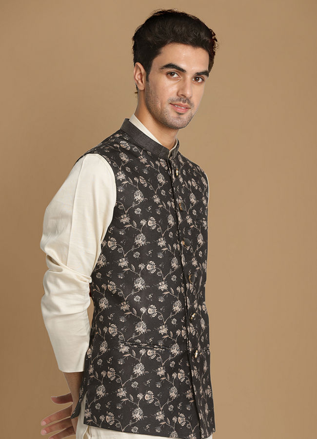 Manyawar Floral Print Blue Jacket With White Kurta Pajama