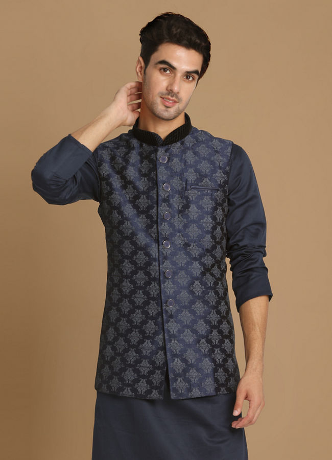 Manyawar Denim Blue Festive Kurta Jacket With White Pajama