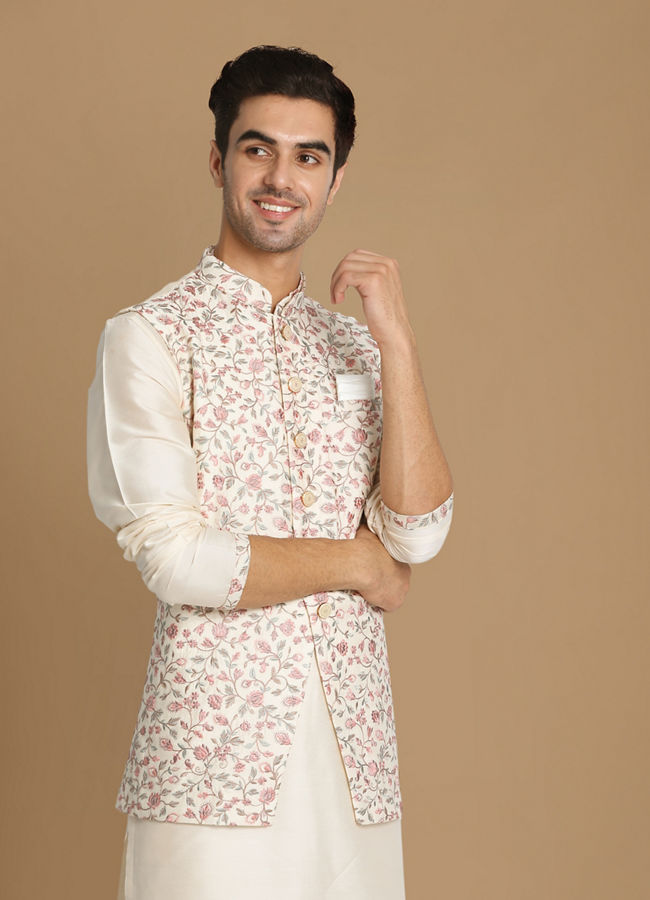 Manyawar Classic Floral Print Jacket Kurta Set