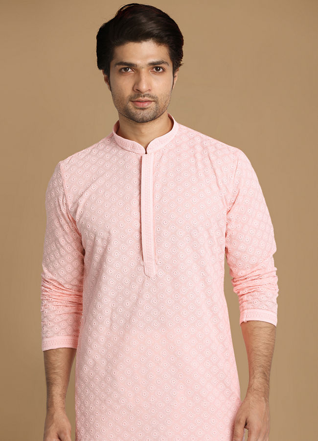 Manyawar Light Pink Chikankari Kurta Set - India shopping