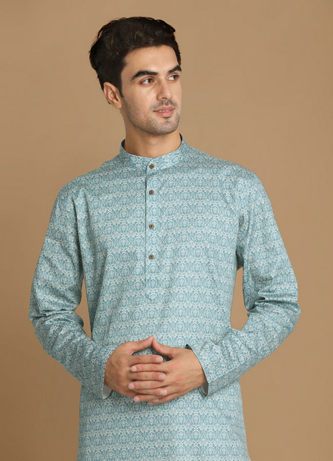 Manyawar Sky Blue Printed Kurta