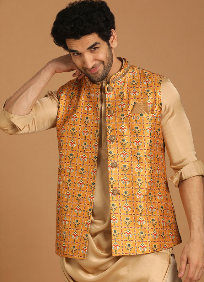 Manyawar Light Orange Kurta Jacket Set