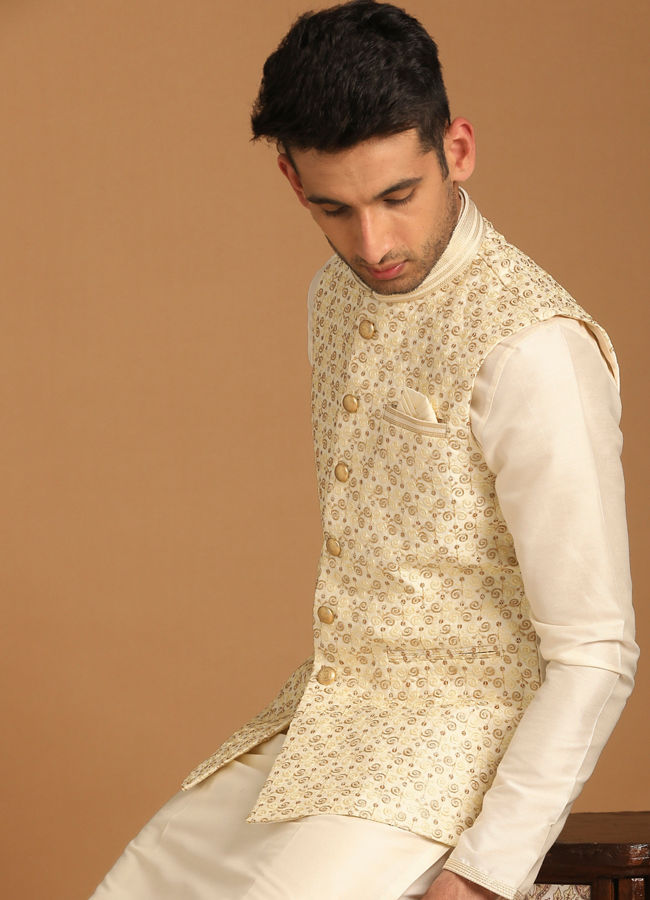 Manyawar Off White Embellished Festive Kurta Jacket Set