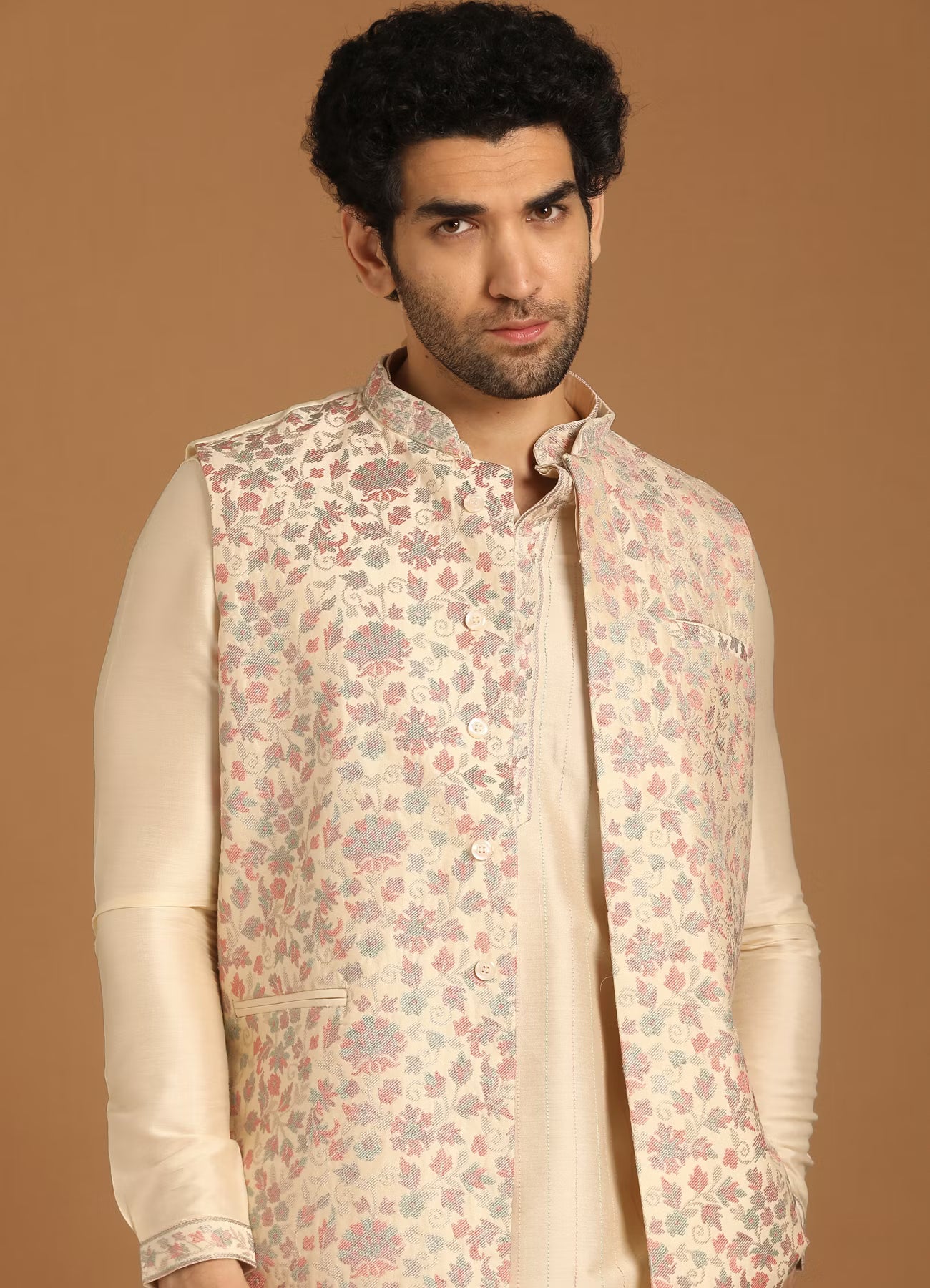 Manyavar Cream Floral Print Festive Kurta Jacket Set | Ready To Wear