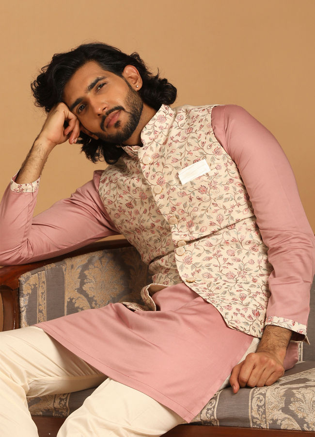 Manyawar Self Design Cream Kurta Jacket Set