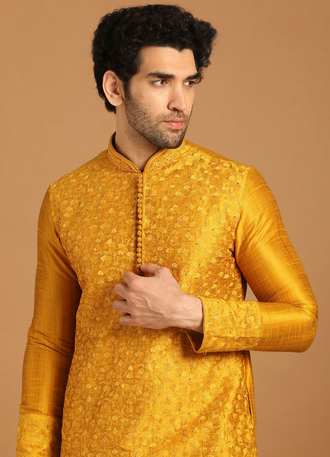 Manyawar Golden Yellow Thread Embroidered Kurta Set