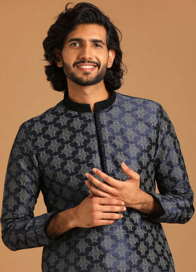 Manyawar Royal Blue Self Design Kurta Pajama