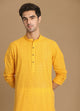Manyawar Canary Yellow Self Striped Kurta
