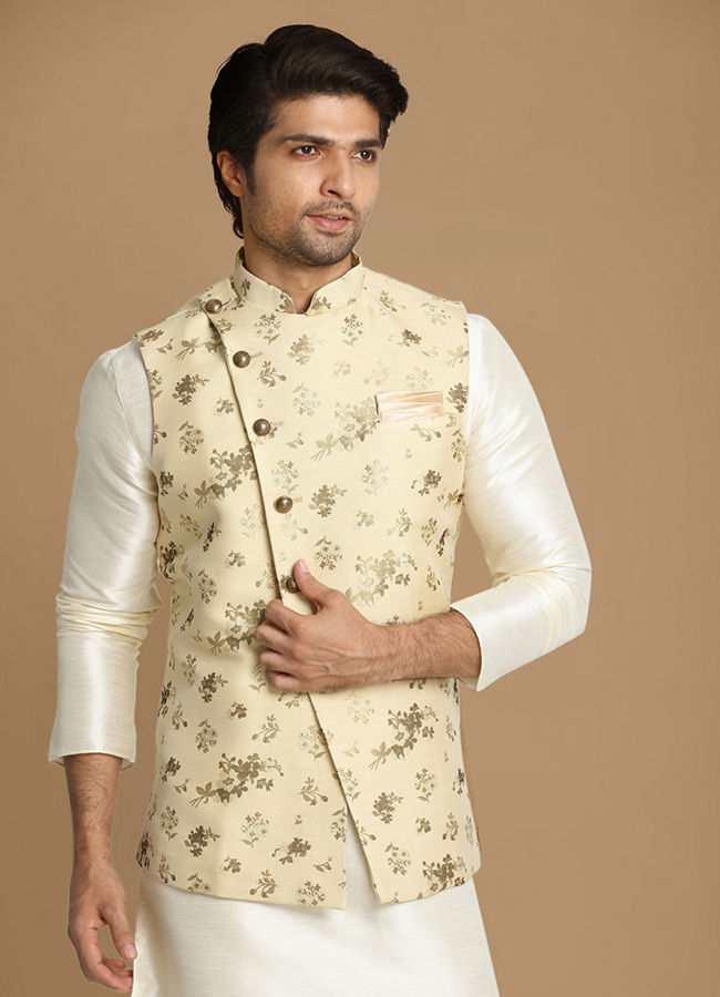 Manyawar Biege Floral Print Kurta Jacket Set