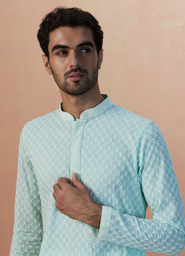 Manyawar Aqua Green Chikankari Kurta Pajama