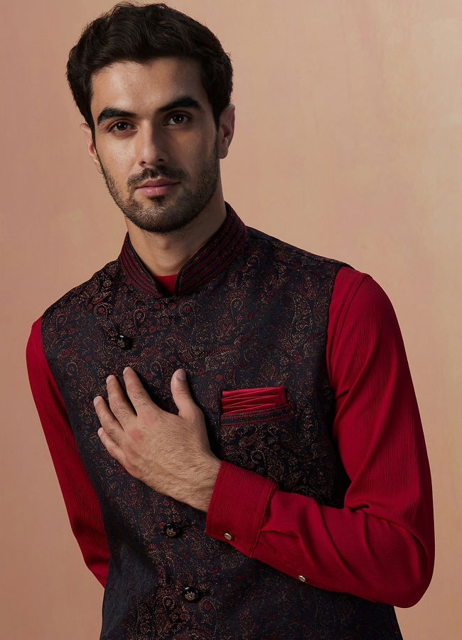 Manyawar Black Paisley Jacket With Red Draped Kurta Set