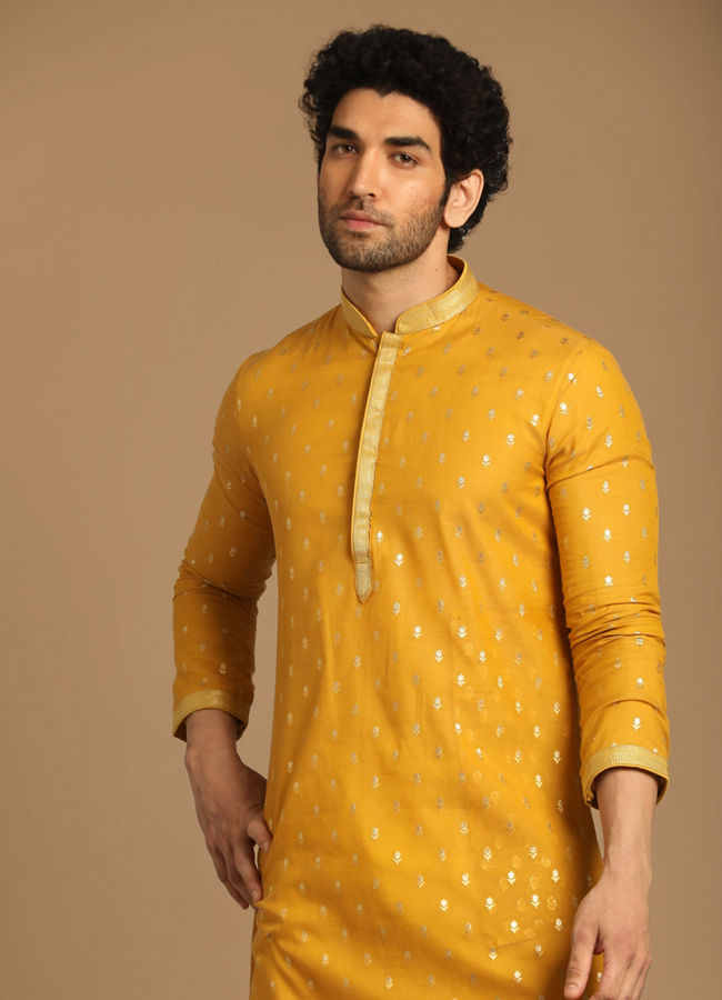 Manyawar Mustard Chanderi Kurta Set - India shopping