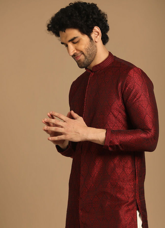 Manyawar Maroon Self design Kurta Set