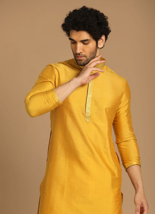 Manyawar Golden Plain Kurta Set