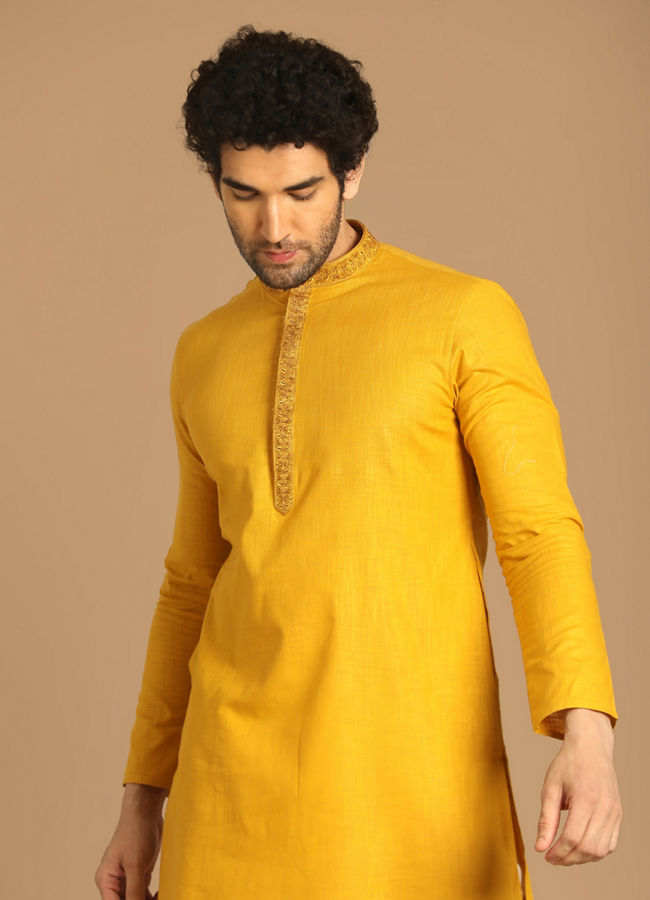 Manyawar Amber Yellow Plain Kurta Set