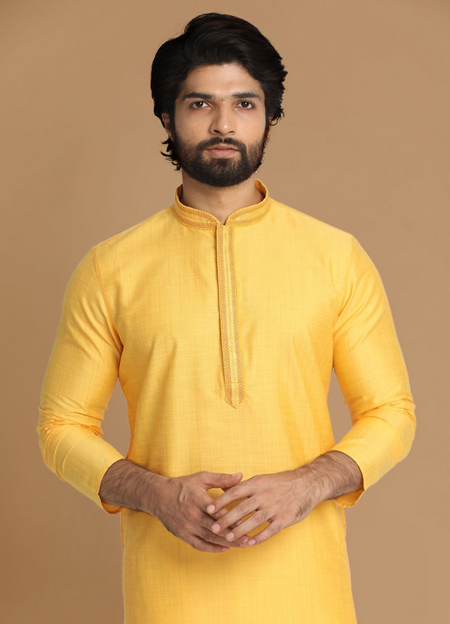 Manyawar Daffodil Yellow Solid Kurta Pajama