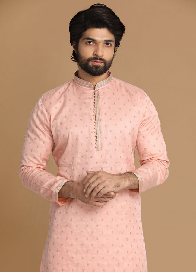 Manyawar Light Pink Kurta Pajama With Minimalist Motifs - India shopping