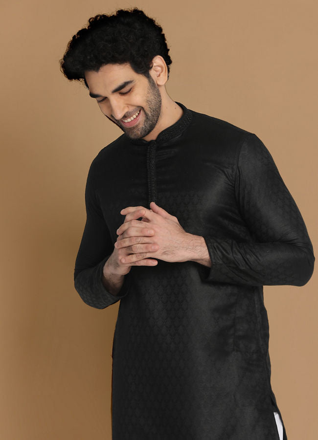 Manyawar Black Self Design Kurta Pajama