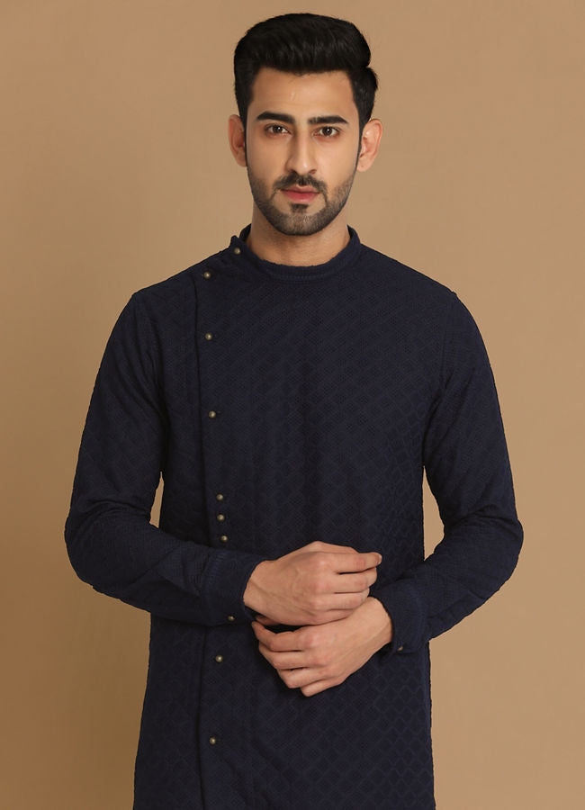 Manyawar Navy Blue Side Open Kurta Pajama