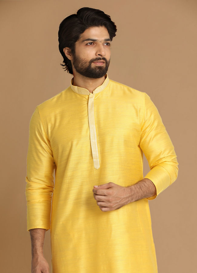 Manyawar Yellow Plain Kurta Pajama