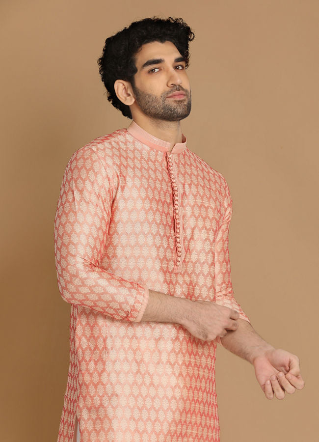 Manyawar Light Pink Self Design Kurta Pajama