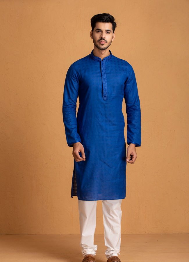 Manyawar Indigo Blue Self Chequered Kurta