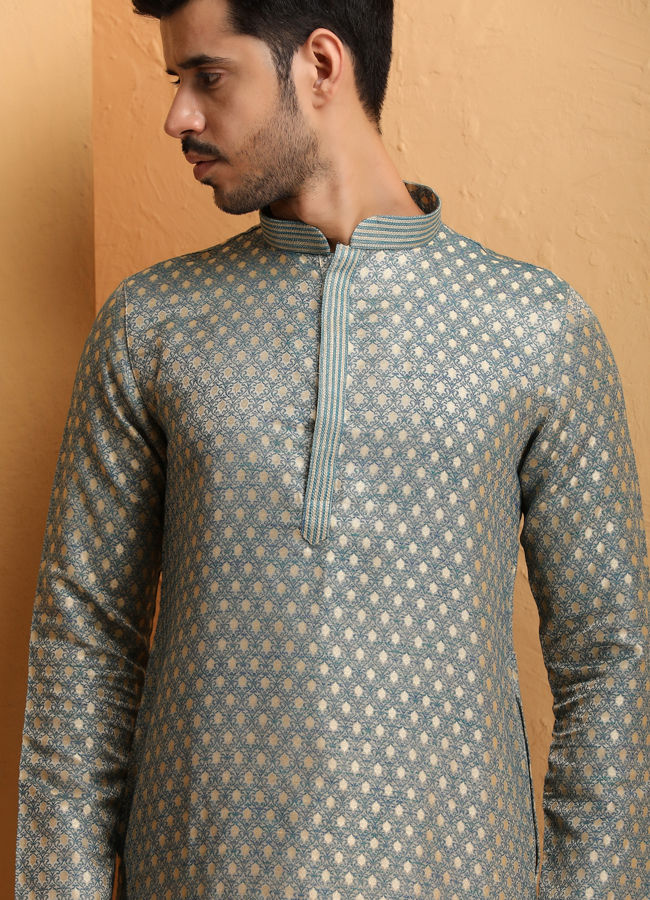 Manyawar Steel Blue Jacquard Kurta Set