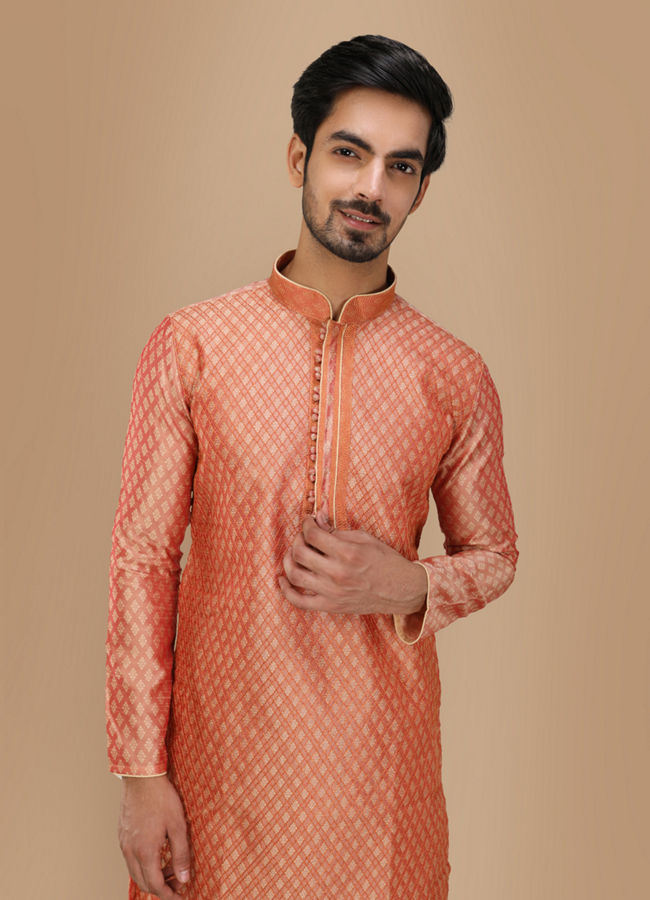 Manyawar Deep Coral Self Motif Kurta Set