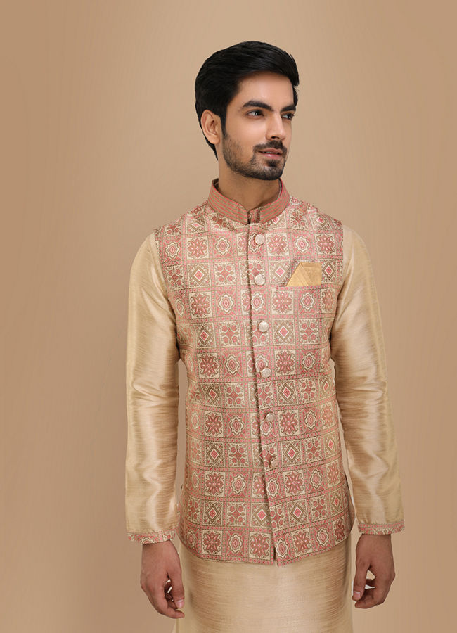 Manyawar Block Print Jacket With Beige Kurta Set