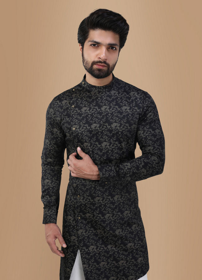 Manyawar Smoke Black Floral Print Kurta