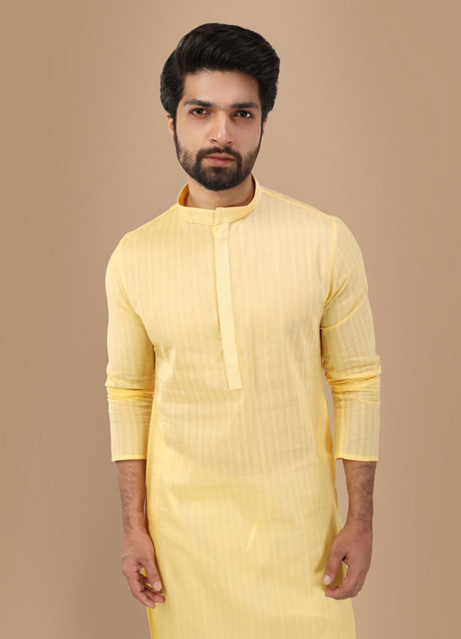 Manyawar Pastel Yellow Self Striped Kurta Set