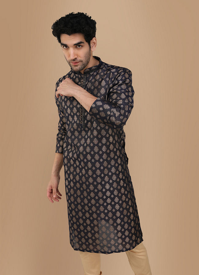 Manyawar Royal Blue Jacquard Kurta Set