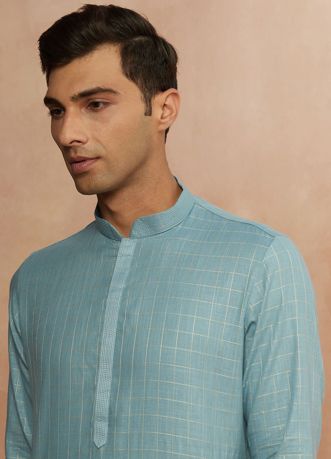 Manyawar Teal Blue Chequered Kurta Pajama