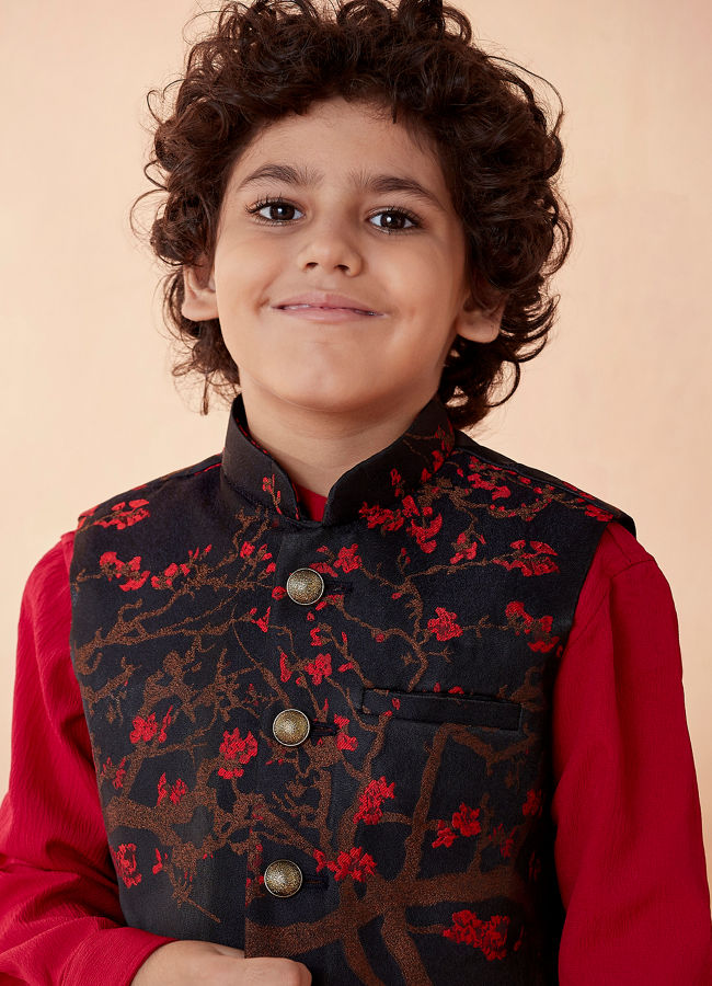 Manyavar-Boys-Red-And-Blue-Draped-Kurta-Jacket-Set