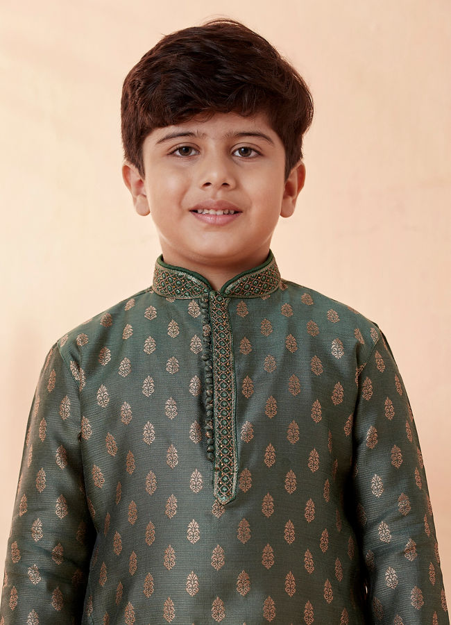 Manyavar-Boys-Bottle-Green-Self-Motif-Kurta-Set