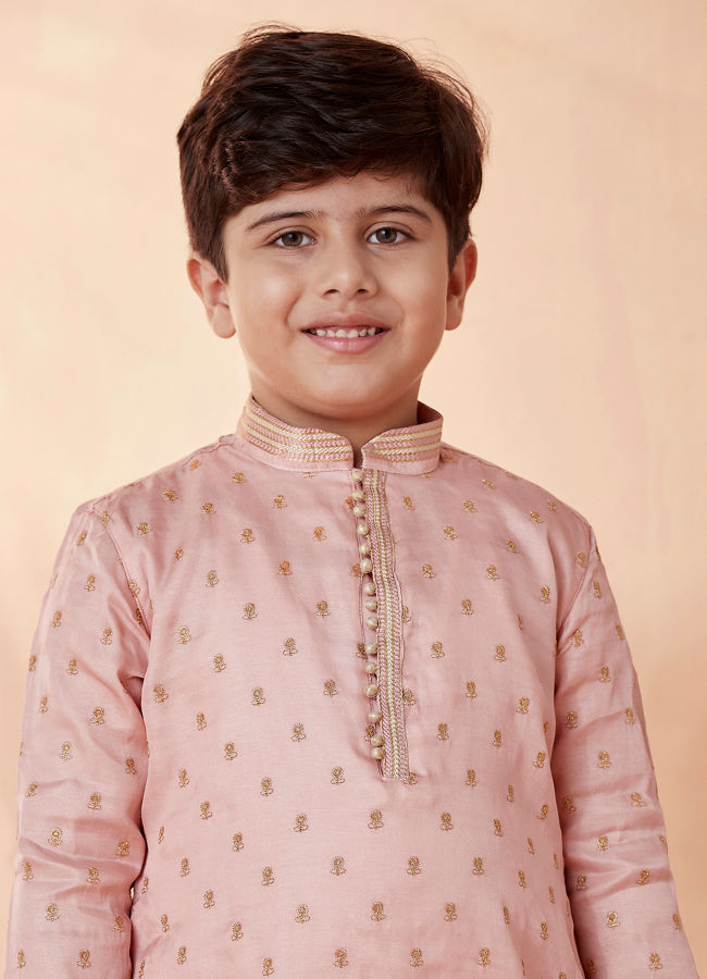 Manyavar-Boys-Coral-Pink-Self-Motif-Kurta-Set