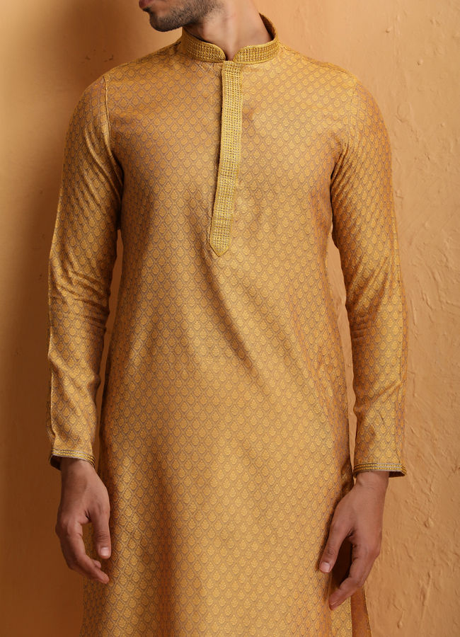 Manyawar Mustard Self Design Kurta Set