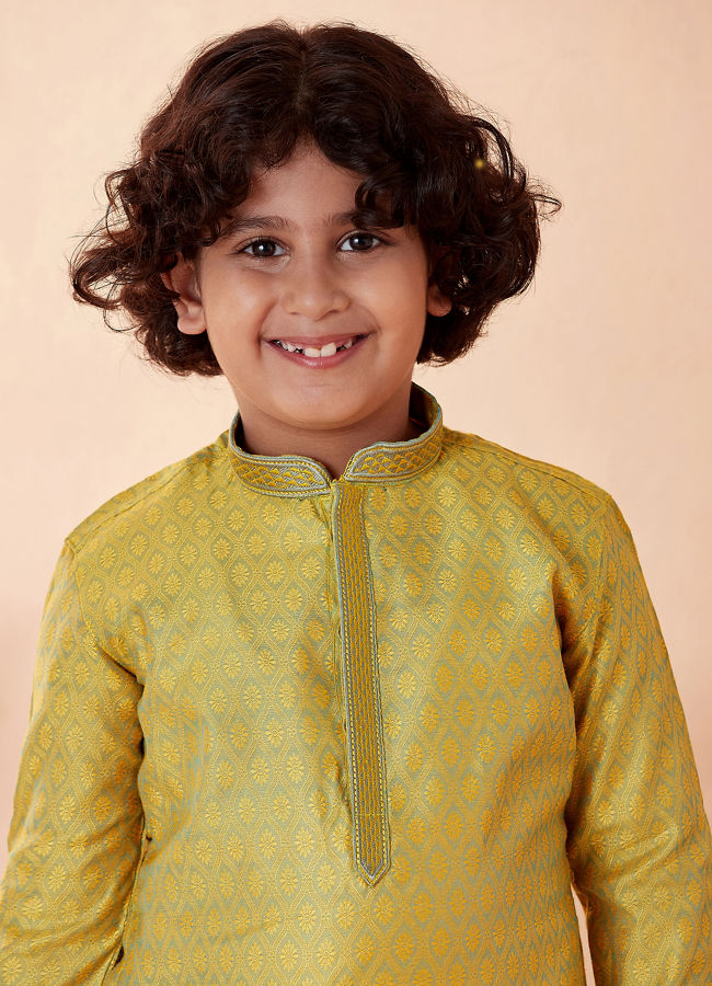 Manyavar-Boys-Yellow-Jacquard-Kurta-Set