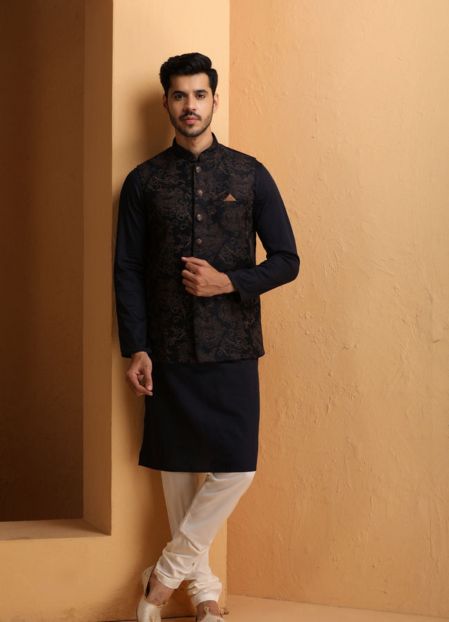 Manyawar Dark Blue Floral Design Kurta Jacket Set