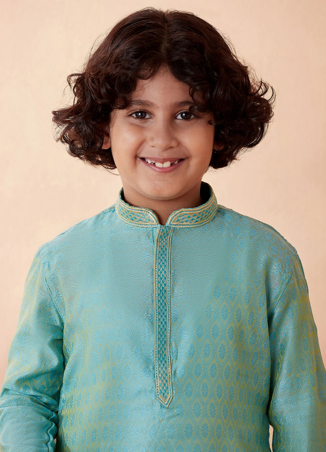 Manyavar-Boys-Jade-Blue-Jacquard-Kurta-Set