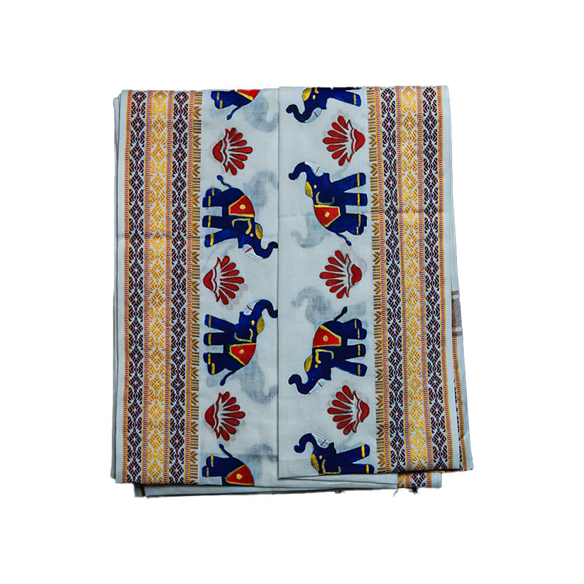 Cotton Dhoti With Elephant Flower And Decorative Designs