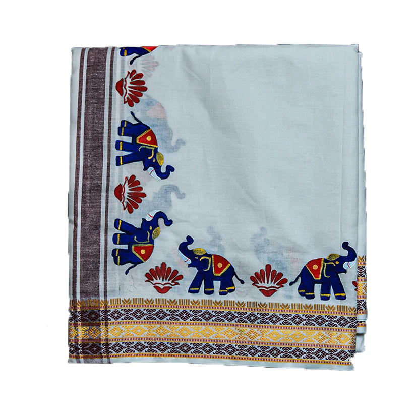 Cotton Dhoti With Elephant Flower And Decorative Designs