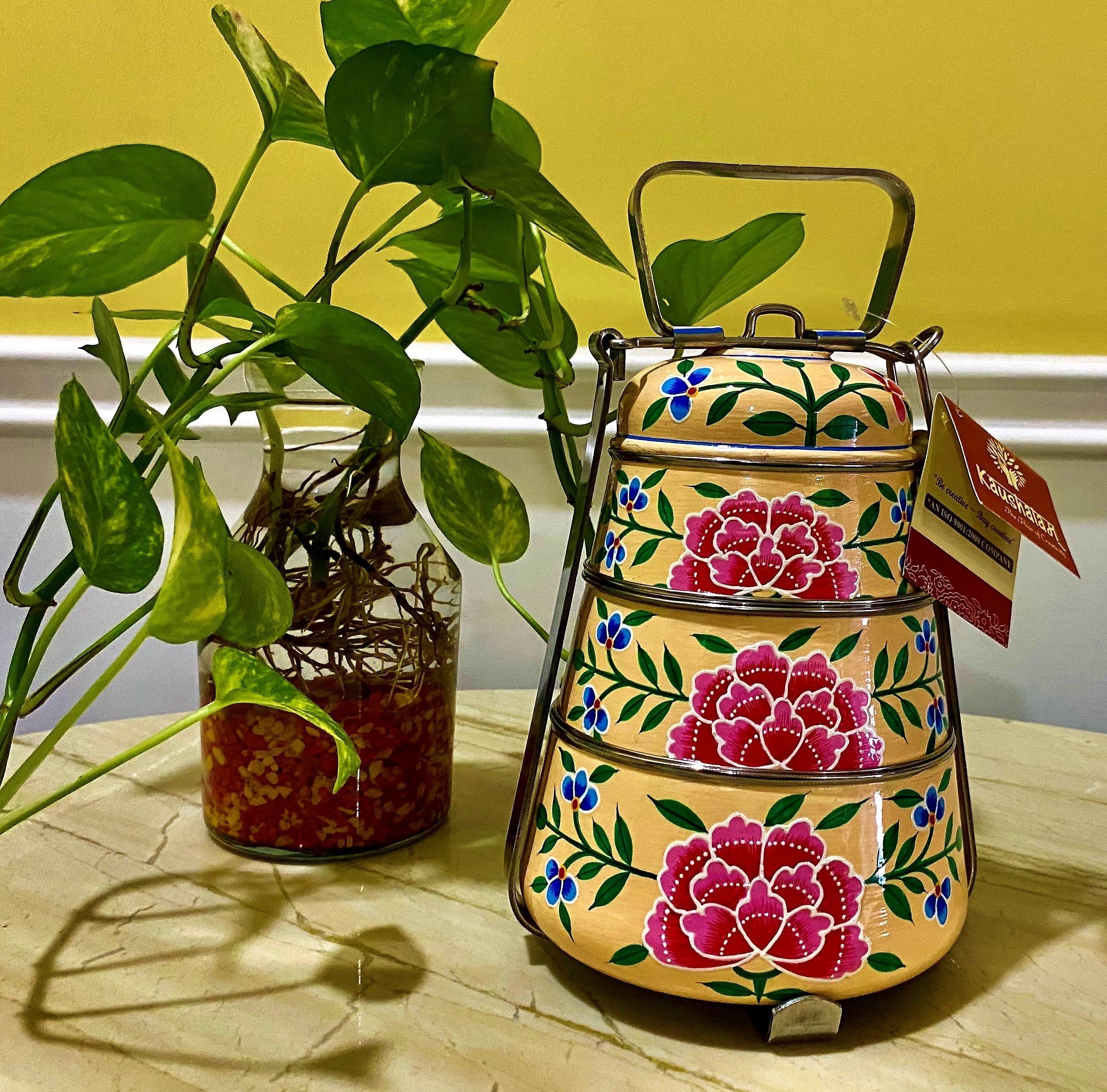 Hand Painted 3 Tier Steel Pyramid Lunch Box- Peach Kashmiri Art