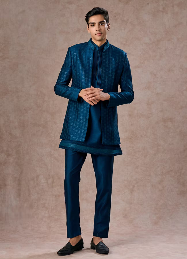 Manyavar Teal Blue Elegance Indo Western | Ready To Wear
