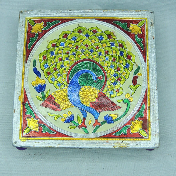 Intricate Peacock Design Painted Square Shape Chauki