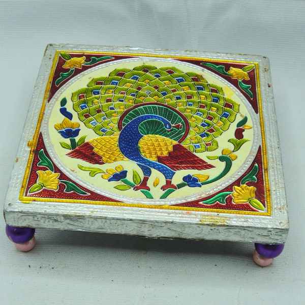 Intricate Peacock Design Painted Square Shape Chauki