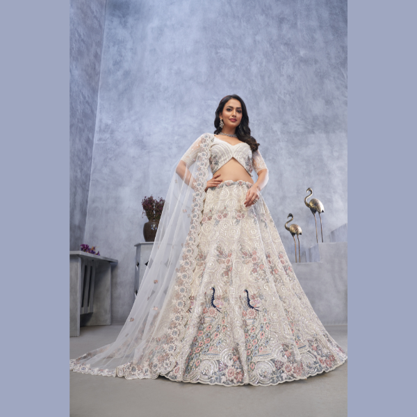 Alluring Bel Butti pattern Ivory Sangeet Lehenga Choli | Ready To Wear