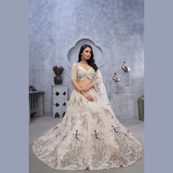 Alluring Bel Butti pattern Ivory Sangeet Lehenga Choli | Ready To Wear