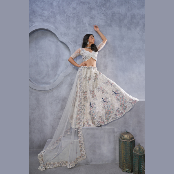 Alluring Bel Butti pattern Ivory Sangeet Lehenga Choli | Ready To Wear