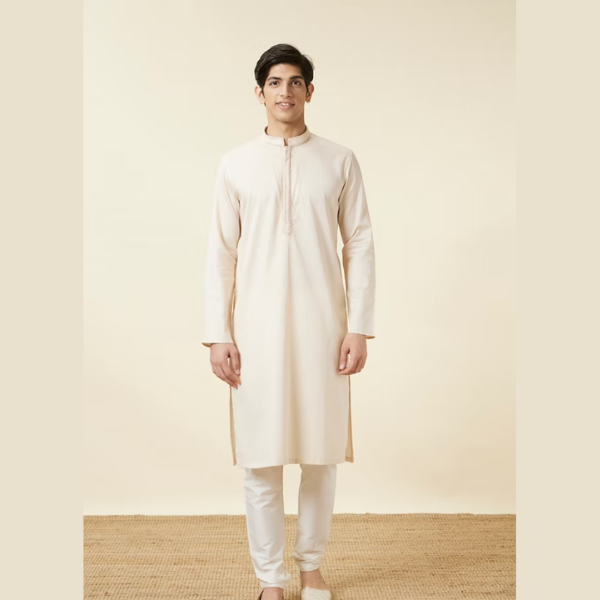 Manyawar Ivory White Embroidered Neckline Kurta Set - India shopping